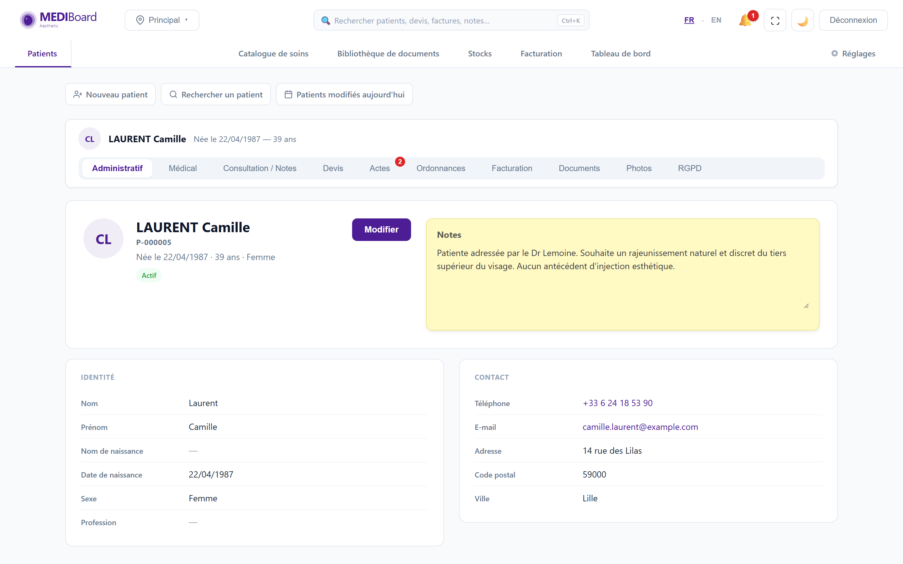 Fiche patient administrative dans Mediboard